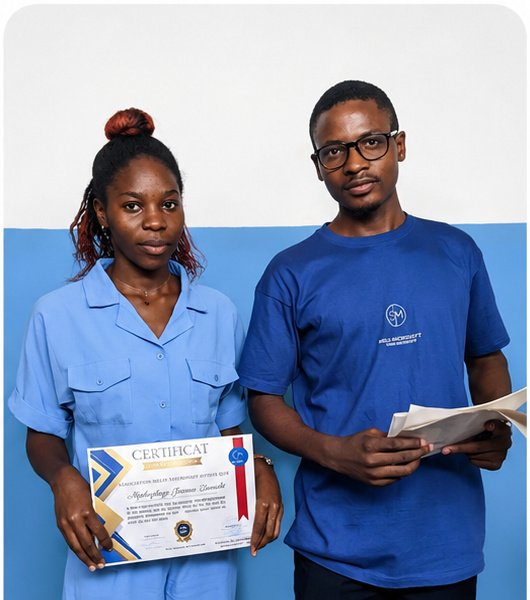 Mojeng Jessica, apprenante Infographie, avec son attestation de formation Merlo Skills Group