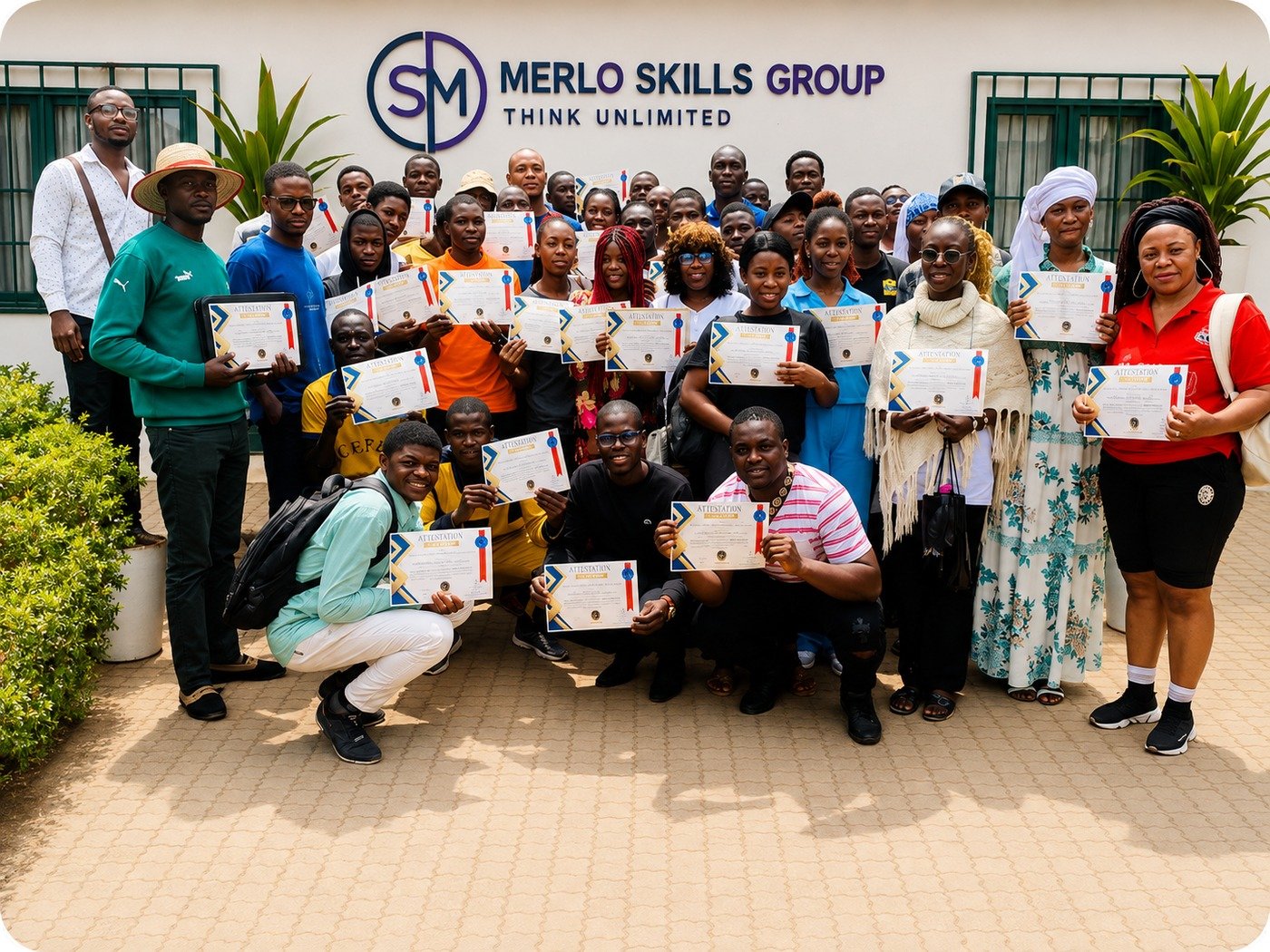 Groupe d'apprenants et de formateurs de Merlo Skills Group réunis en extérieur, attestations de formation en main, à l'issue d'une session de formation.
